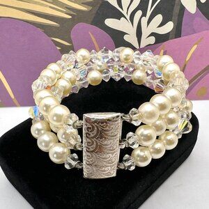 Pearl and Crystal Triple Strand Bracelet